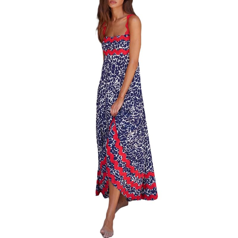 ROAONOCOMO Women Boho Graffiti Cami Long Dress Graphic Spaghetti Strap Flowy Swing Maxi Dress Colorful A Line Sundress