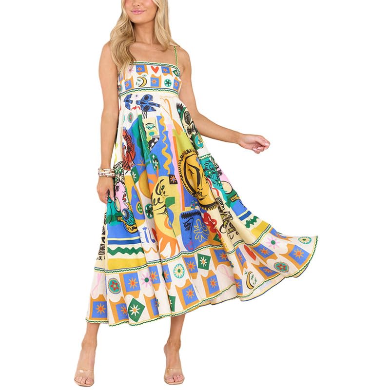 ROAONOCOMO Women Boho Graffiti Cami Long Dress Graphic Spaghetti Strap Flowy Swing Maxi Dress Colorful A Line Sundress