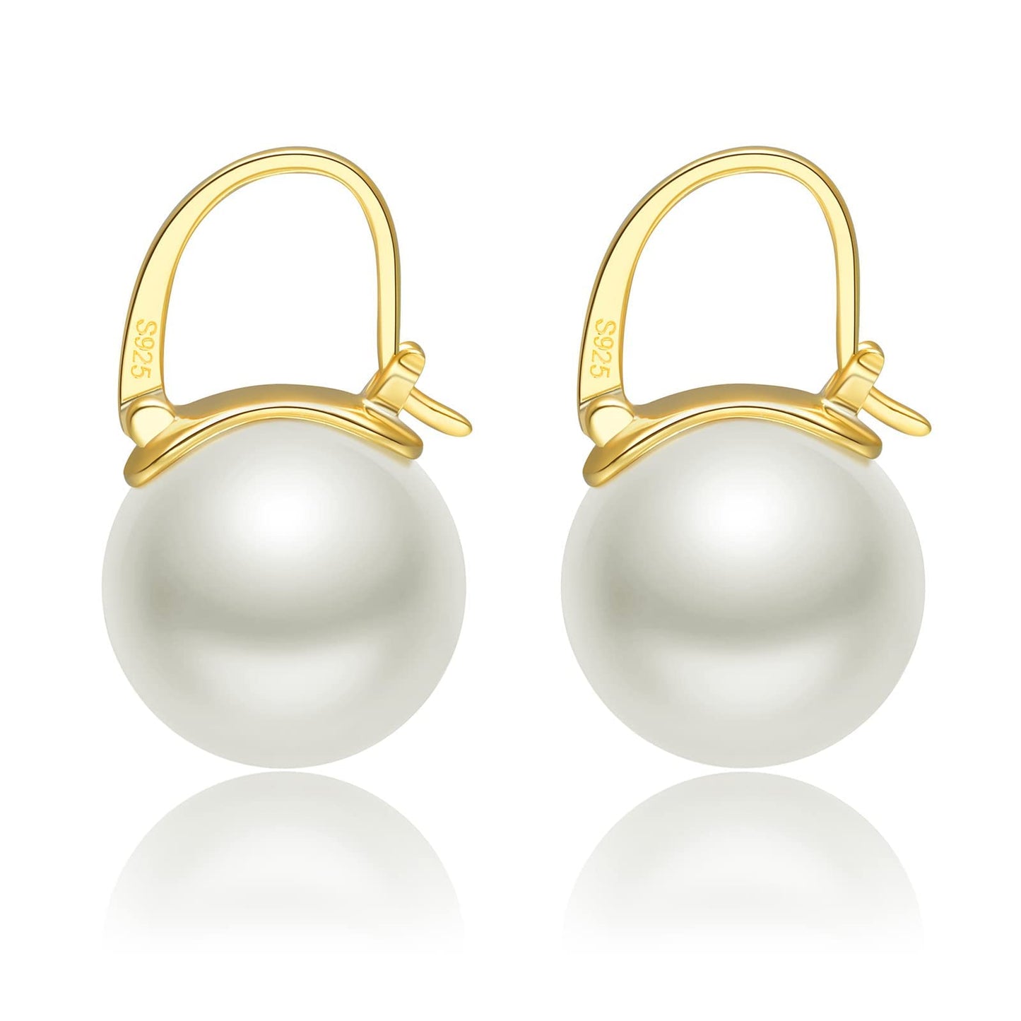 Pearl Earrings for Women Trendy, 14mm 925 Sterling Silver Pearl Drop Earrings Fashion, 18K Gold Plated Hypoallergenic Large Shell Pearl Hoop Earring Dangle Jewelry for Wedding Gift