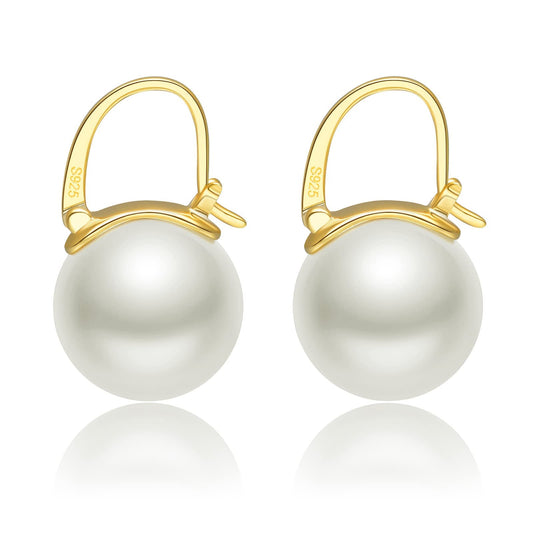 Pearl Earrings for Women Trendy, 14mm 925 Sterling Silver Pearl Drop Earrings Fashion, 18K Gold Plated Hypoallergenic Large Shell Pearl Hoop Earring Dangle Jewelry for Wedding Gift