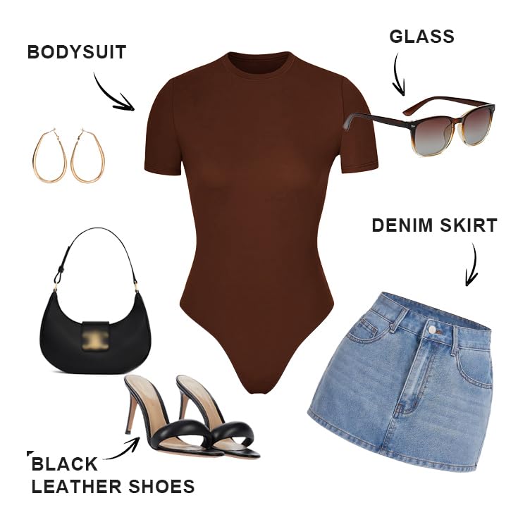 SHAPERX Women's Fit Everybody Bodysuit Soft Crew Neck T-shirt Body Suits with Thong Design