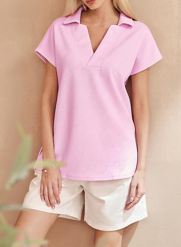 SHEWIN Women's Polo Shirts Casual Collared Short Sleeve Shirt Loose V Neck Tunic Tops