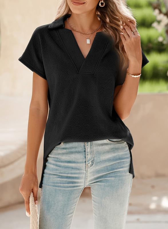SHEWIN Women's Polo Shirts Casual Collared Short Sleeve Shirt Loose V Neck Tunic Tops