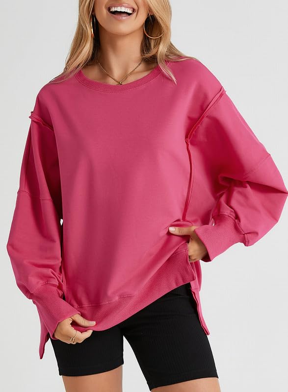 SHEWIN Womens Oversized Reverse Seam Sweatshirt Casual Long Sleeve Crewneck Lightweight Pullover Tops Loose Sweatshirts