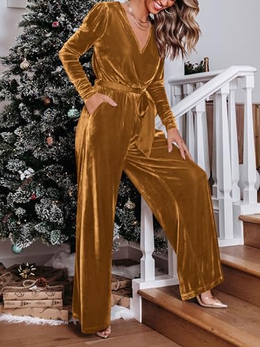 MASCOMODA 2024 Velvet Long Sleeve Wide Leg Jumpsuits for Women Dressy V Neck Belted Romper One Piece Fall Outfits with Pocket