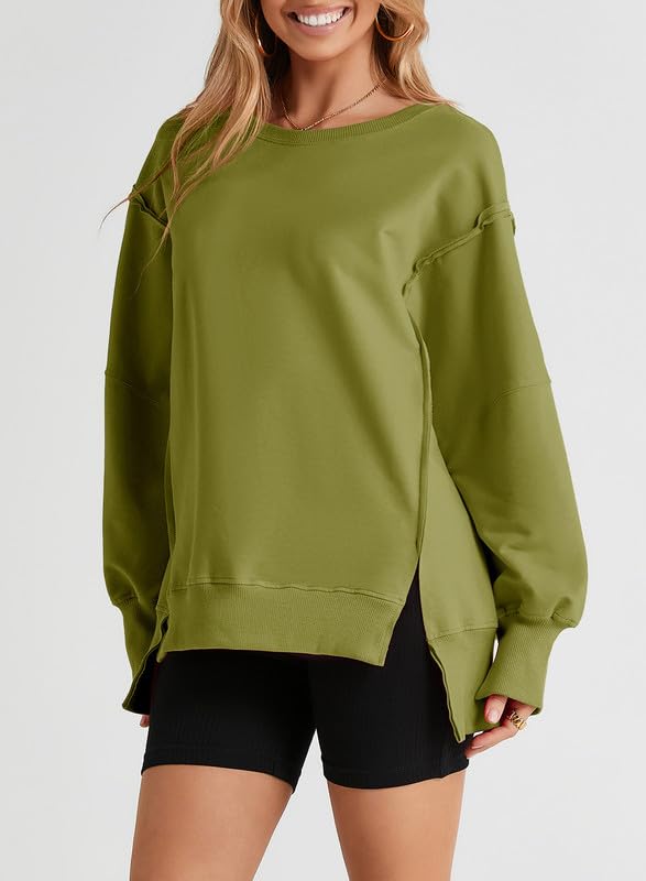 SHEWIN Womens Oversized Reverse Seam Sweatshirt Casual Long Sleeve Crewneck Lightweight Pullover Tops Loose Sweatshirts