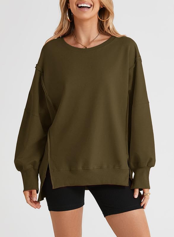 SHEWIN Womens Oversized Reverse Seam Sweatshirt Casual Long Sleeve Crewneck Lightweight Pullover Tops Loose Sweatshirts