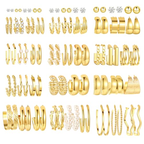 45 Pairs Gold Hoop Earrings for Women, Chunky Twisted Small Big Hoops Earring Packs Set, Earrings for women multipack, Fashion Trendy Earrings Jewelry for Birthday Party Christmas Gift