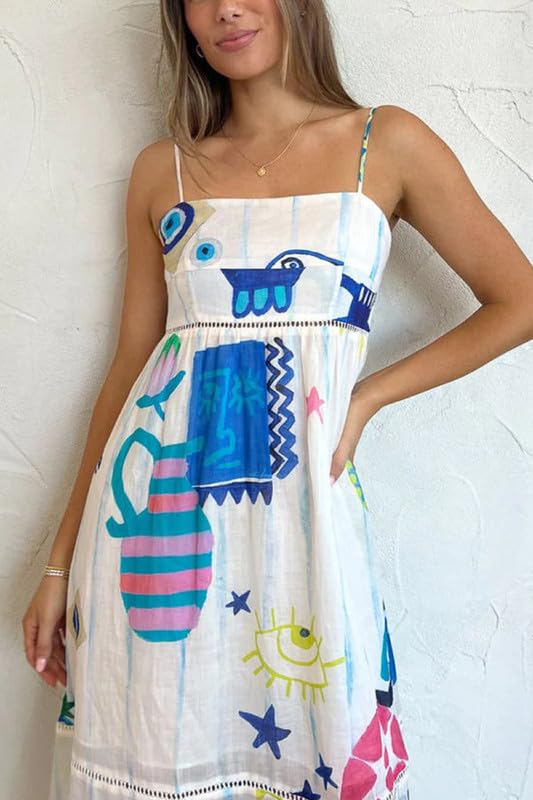 ROAONOCOMO Women Boho Graffiti Cami Long Dress Graphic Spaghetti Strap Flowy Swing Maxi Dress Colorful A Line Sundress