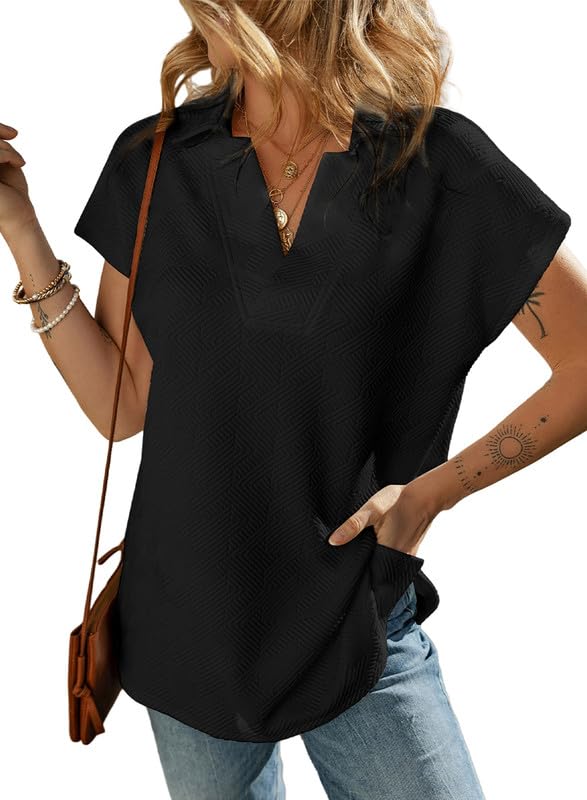 SHEWIN Women's Polo Shirts Casual Collared Short Sleeve Shirt Loose V Neck Tunic Tops