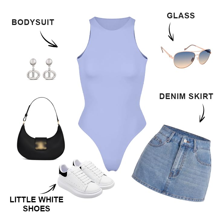 SHAPERX Women's Fit Everybody Bodysuit Soft Crew Neck T-shirt Body Suits with Thong Design