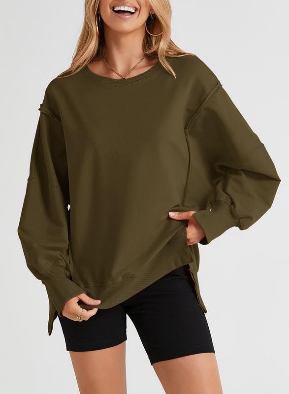 SHEWIN Womens Oversized Reverse Seam Sweatshirt Casual Long Sleeve Crewneck Lightweight Pullover Tops Loose Sweatshirts