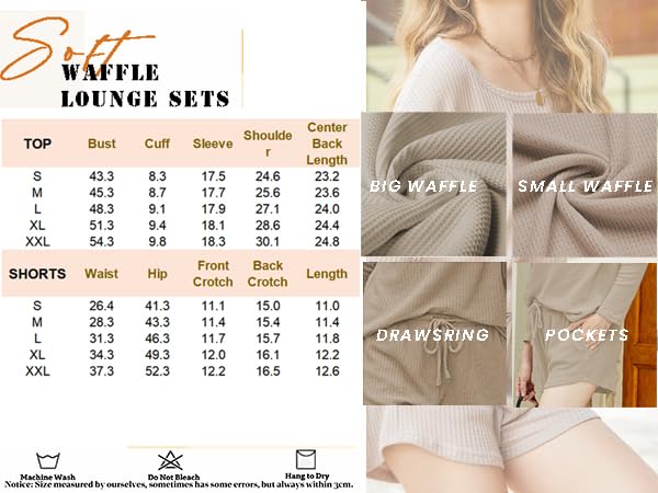 Ekouaer Womens Waffle Knit Pajama Sets Long Sleeve Top and Shorts Matching Lounge Set Loungewear Sweatsuit with Pockets