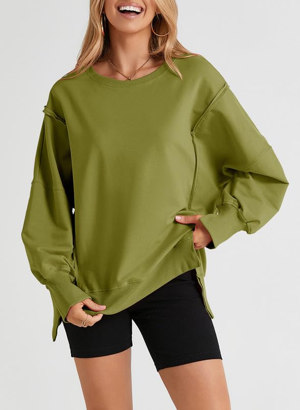 SHEWIN Womens Oversized Reverse Seam Sweatshirt Casual Long Sleeve Crewneck Lightweight Pullover Tops Loose Sweatshirts