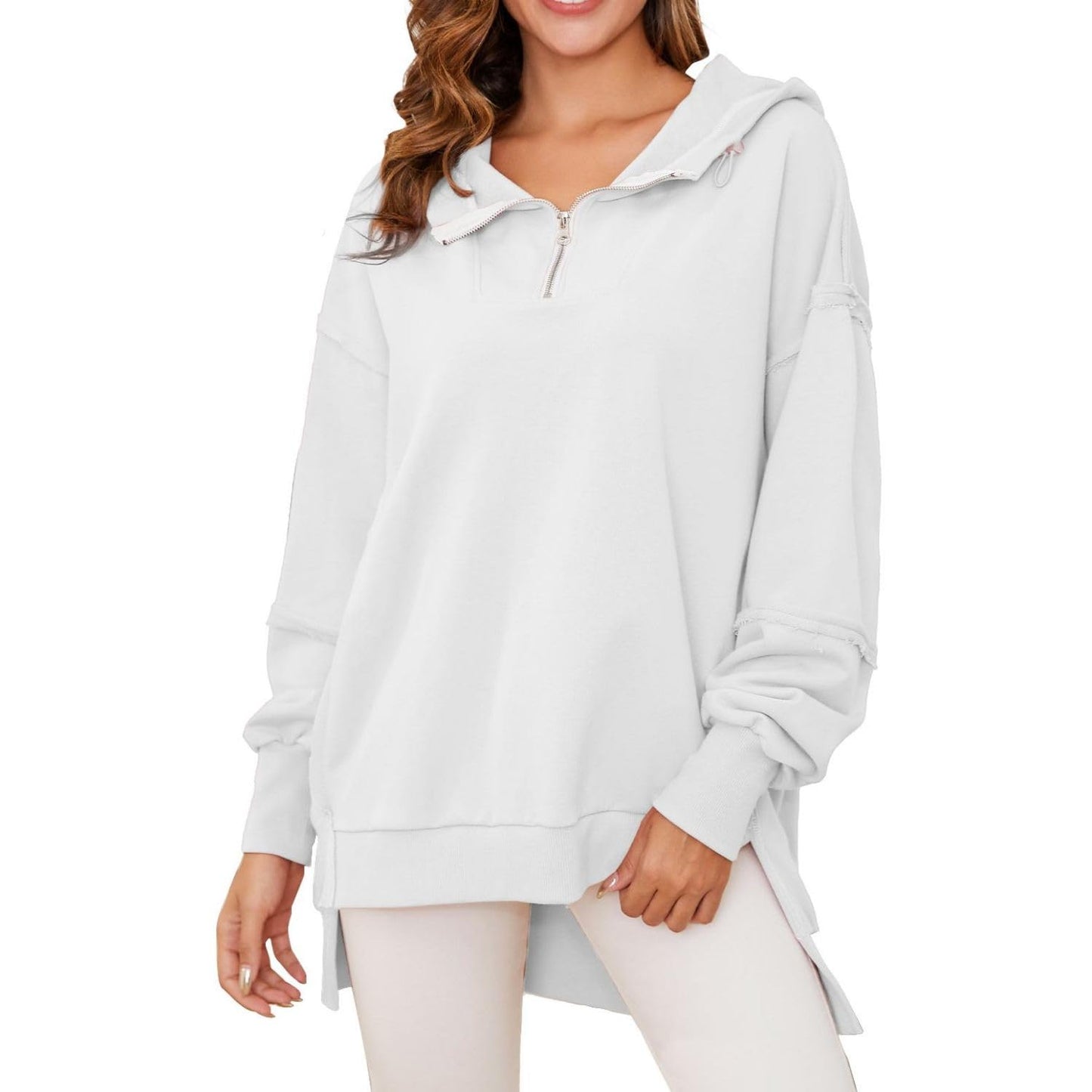 Women’s Quarter Zip Hoodies Long Sleeve Side Slit Sweatshirts Loose Drop Shoulder Drawstring Hooded Pullover Top