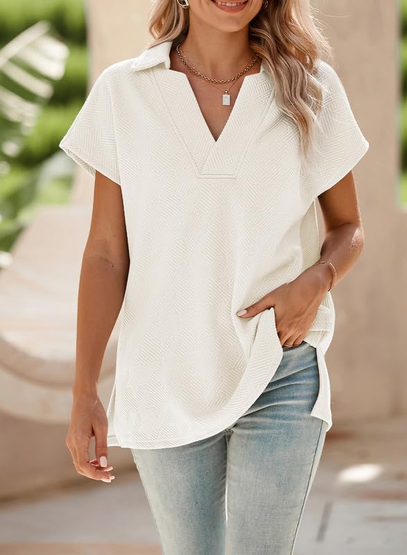 SHEWIN Women's Polo Shirts Casual Collared Short Sleeve Shirt Loose V Neck Tunic Tops