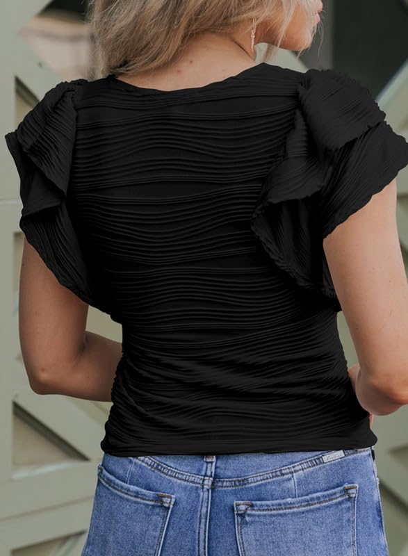 SHEWIN Womens Tops Casual Crewneck Ruffle Short Sleeve T Shirts Slim Fit Dressy Blouses