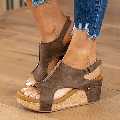 Wedge Sandals for Women Dressy Summer, Womens Open Toe Espadrilles Platform Sandals Buckle Ankle Strap Wedge Sandals Leather Sandals Casual Low Wedges Walking Strappy Slip on Sandals (A-Coffee, 9.5)