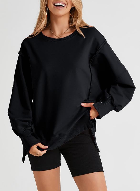 SHEWIN Womens Oversized Reverse Seam Sweatshirt Casual Long Sleeve Crewneck Lightweight Pullover Tops Loose Sweatshirts