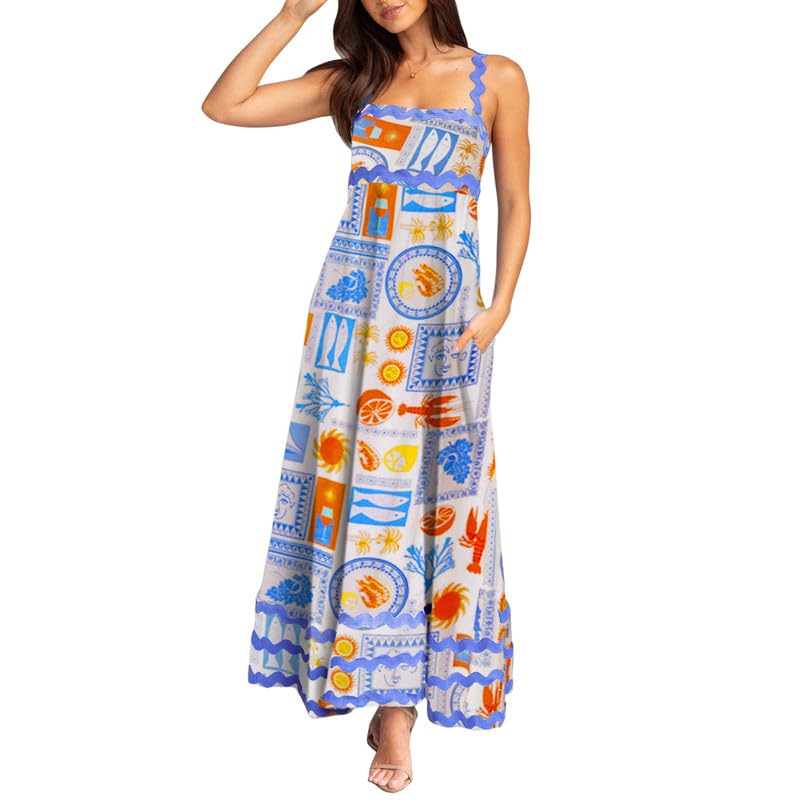 ROAONOCOMO Women Boho Graffiti Cami Long Dress Graphic Spaghetti Strap Flowy Swing Maxi Dress Colorful A Line Sundress