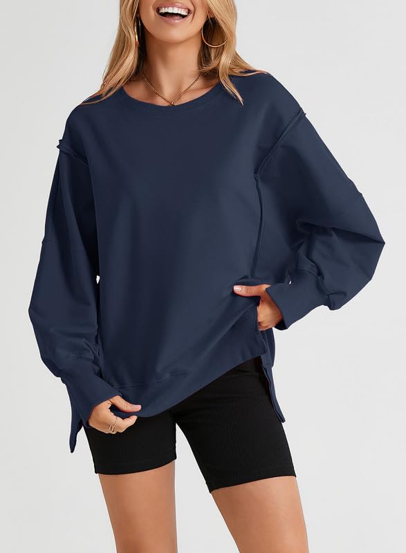 SHEWIN Womens Oversized Reverse Seam Sweatshirt Casual Long Sleeve Crewneck Lightweight Pullover Tops Loose Sweatshirts
