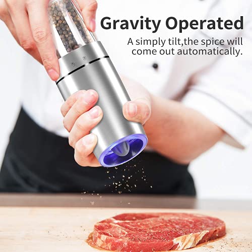 Electric Salt and Pepper Grinder set of 2, Automatic Salt and Pepper Mill Grinder, Adjustable Roughness, Battery Powered with Blue LED Light, Stainless Steel with One Hand Operation (Sliver)