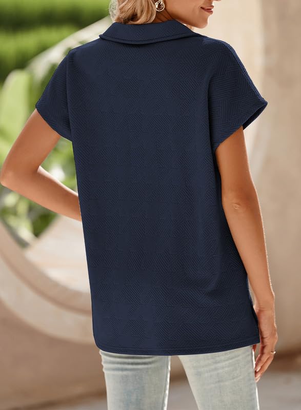 SHEWIN Women's Polo Shirts Casual Collared Short Sleeve Shirt Loose V Neck Tunic Tops