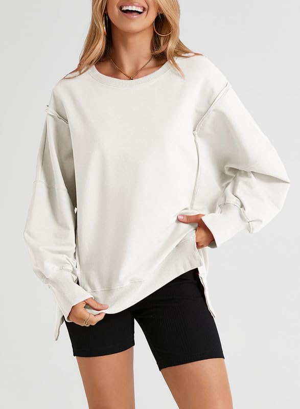 SHEWIN Womens Oversized Reverse Seam Sweatshirt Casual Long Sleeve Crewneck Lightweight Pullover Tops Loose Sweatshirts