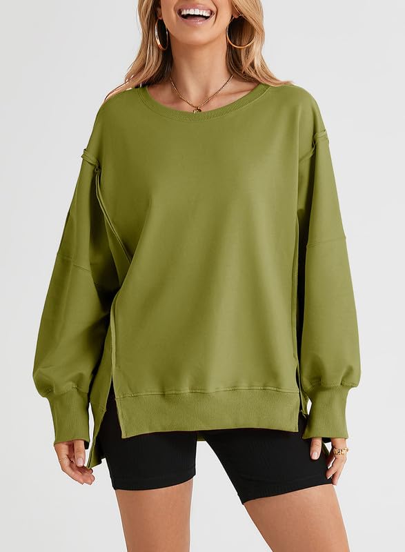 SHEWIN Womens Oversized Reverse Seam Sweatshirt Casual Long Sleeve Crewneck Lightweight Pullover Tops Loose Sweatshirts