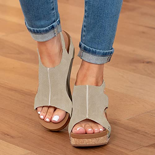 Wedge Sandals for Women Dressy Summer, Womens Open Toe Espadrilles Platform Sandals Buckle Ankle Strap Wedge Sandals Leather Sandals Casual Low Wedges Walking Strappy Slip on Sandals (A-Coffee, 9.5)