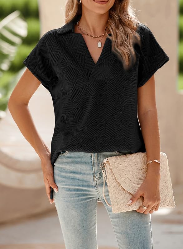 SHEWIN Women's Polo Shirts Casual Collared Short Sleeve Shirt Loose V Neck Tunic Tops