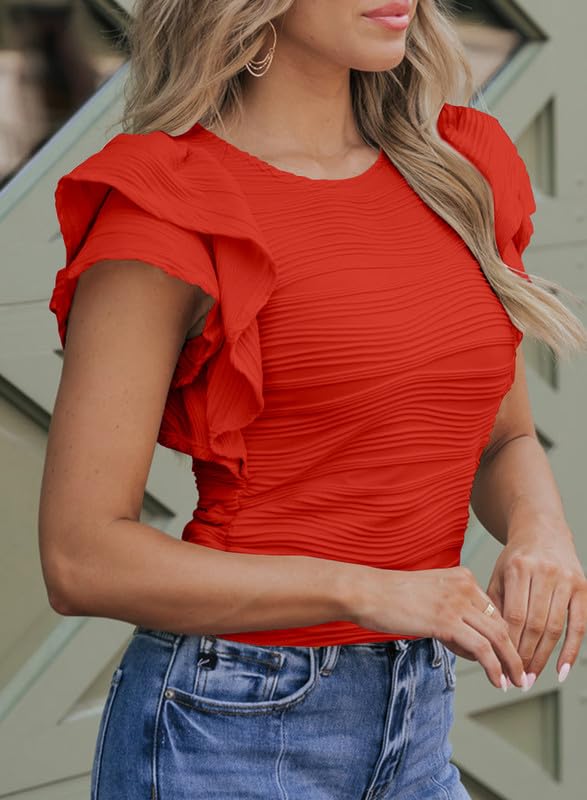 SHEWIN Womens Tops Casual Crewneck Ruffle Short Sleeve T Shirts Slim Fit Dressy Blouses