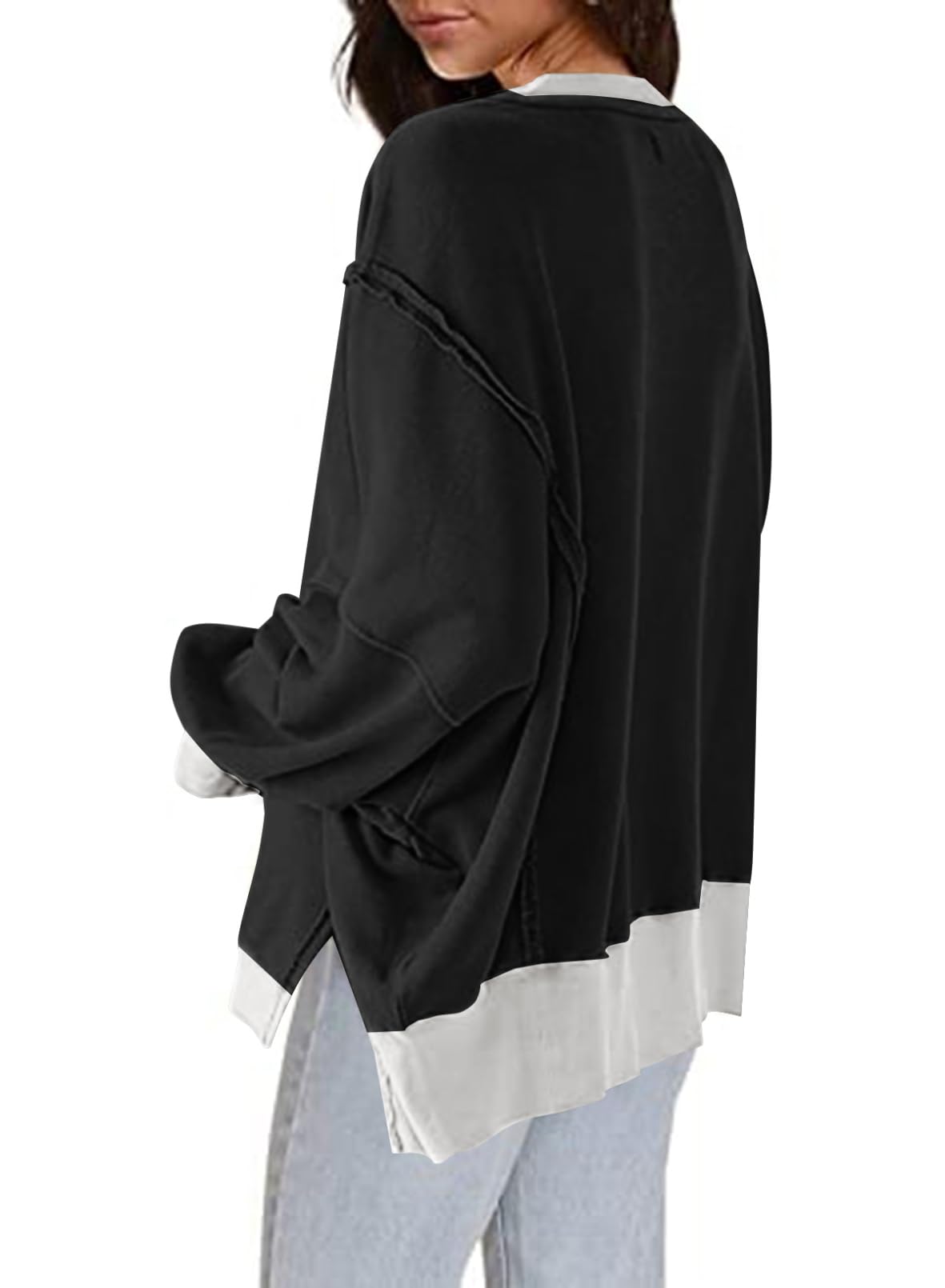 SHEWIN Womens Oversized Reverse Seam Sweatshirt Casual Long Sleeve Crewneck Lightweight Pullover Tops Loose Sweatshirts