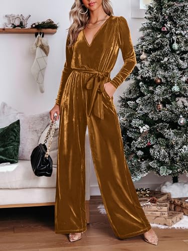 MASCOMODA 2024 Velvet Long Sleeve Wide Leg Jumpsuits for Women Dressy V Neck Belted Romper One Piece Fall Outfits with Pocket
