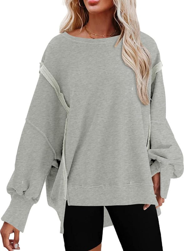 SHEWIN Womens Oversized Reverse Seam Sweatshirt Casual Long Sleeve Crewneck Lightweight Pullover Tops Loose Sweatshirts