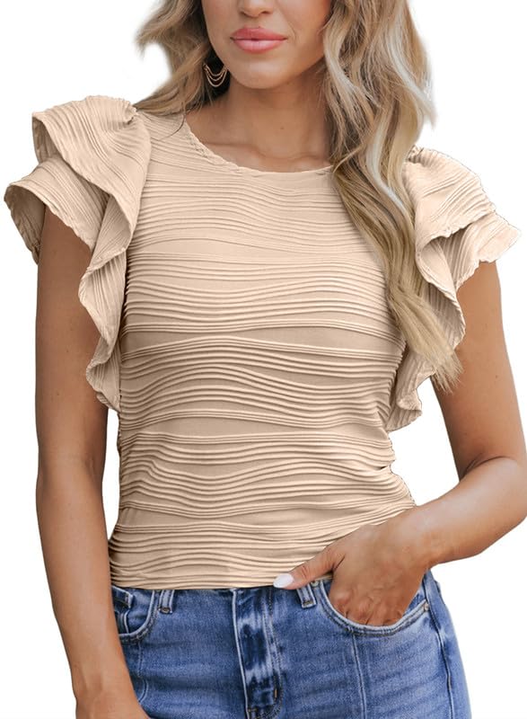 SHEWIN Womens Tops Casual Crewneck Ruffle Short Sleeve T Shirts Slim Fit Dressy Blouses