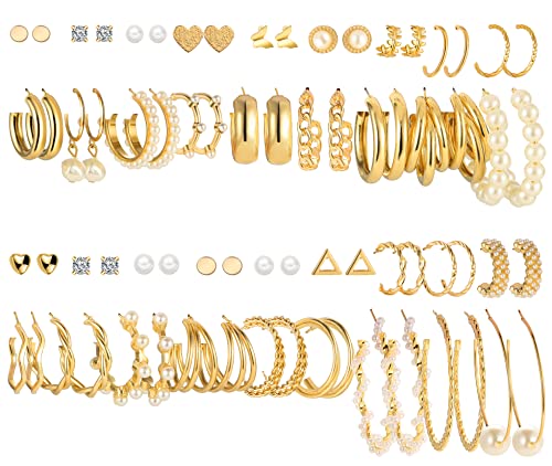 FAXHION 36 Pairs Gold Earrings Set for Women, Fashion Pearl Chain Link Stud Drop Dangle Earrings Multipack Hoop Earring Packs, Hypoallergenic Earrings for Birthday Party Jewelry