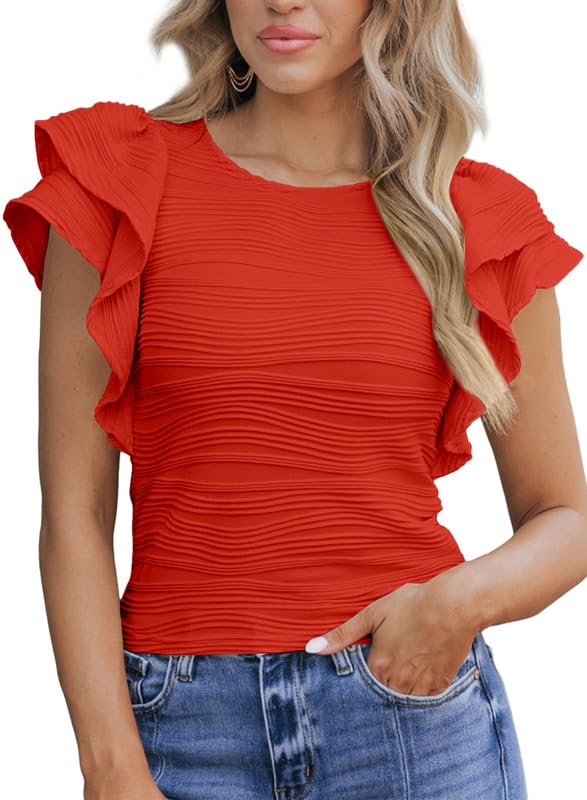 SHEWIN Womens Tops Casual Crewneck Ruffle Short Sleeve T Shirts Slim Fit Dressy Blouses