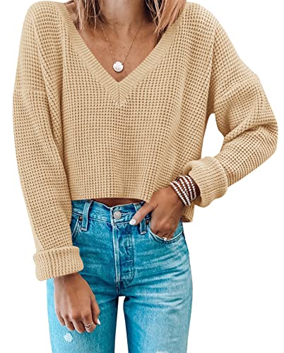 MIROL Women's Waffle Knit Cropped Top V Neck Long Sleeve Pullover Sweater Casual Solid Crop Sweatshirts