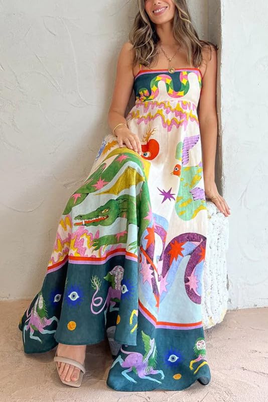 ROAONOCOMO Women Boho Graffiti Cami Long Dress Graphic Spaghetti Strap Flowy Swing Maxi Dress Colorful A Line Sundress