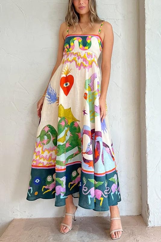 ROAONOCOMO Women Boho Graffiti Cami Long Dress Graphic Spaghetti Strap Flowy Swing Maxi Dress Colorful A Line Sundress