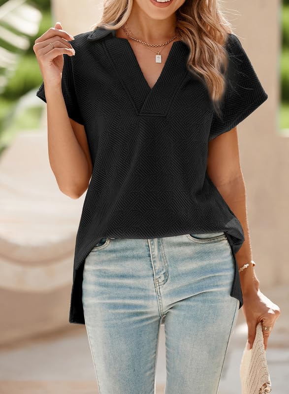 SHEWIN Women's Polo Shirts Casual Collared Short Sleeve Shirt Loose V Neck Tunic Tops