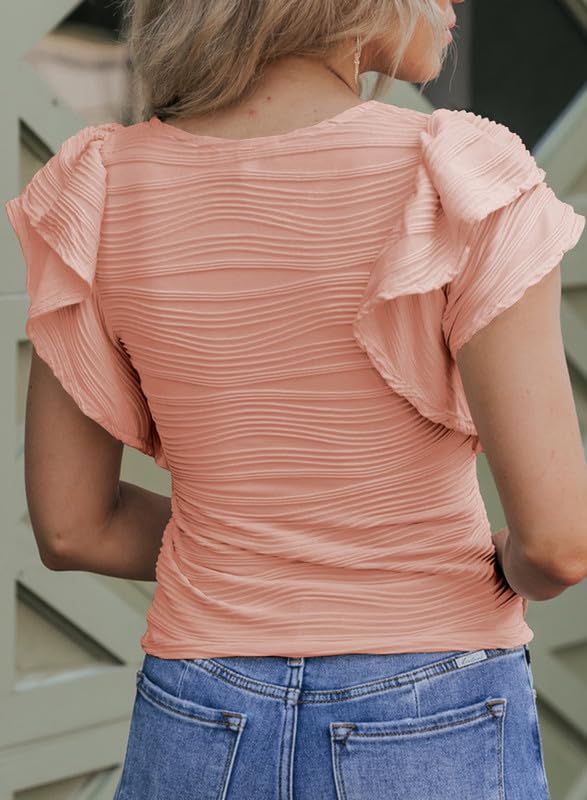 SHEWIN Womens Tops Casual Crewneck Ruffle Short Sleeve T Shirts Slim Fit Dressy Blouses