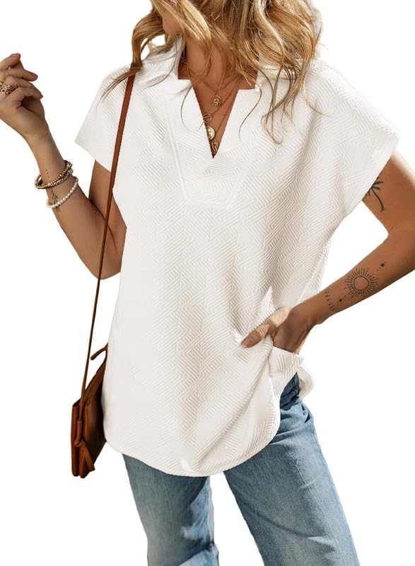 SHEWIN Women's Polo Shirts Casual Collared Short Sleeve Shirt Loose V Neck Tunic Tops