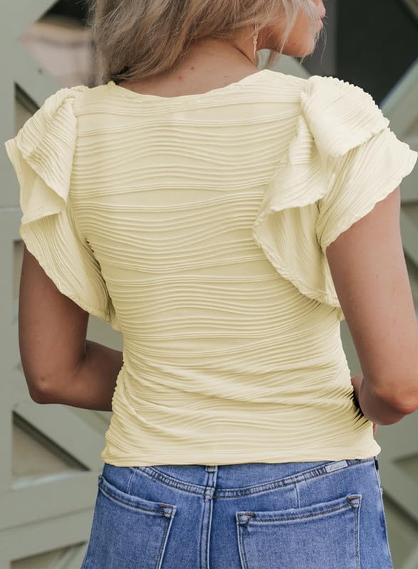 SHEWIN Womens Tops Casual Crewneck Ruffle Short Sleeve T Shirts Slim Fit Dressy Blouses