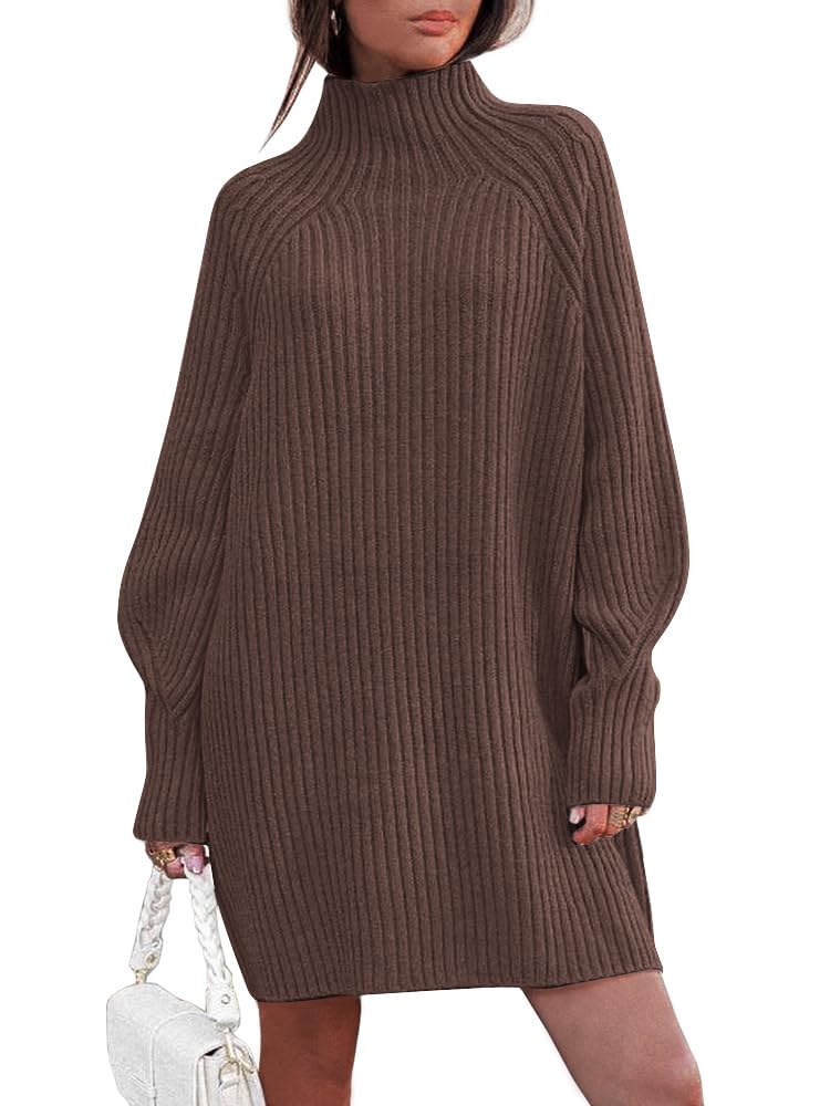 LILLUSORY Mock Neck Sweater Dress for Women Long Lantern Sleeve Oversized 2024 Fall Trendy Dress Ribbed Knit Sweater