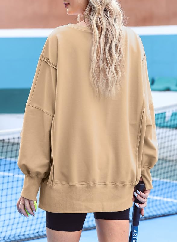 SHEWIN Womens Oversized Reverse Seam Sweatshirt Casual Long Sleeve Crewneck Lightweight Pullover Tops Loose Sweatshirts