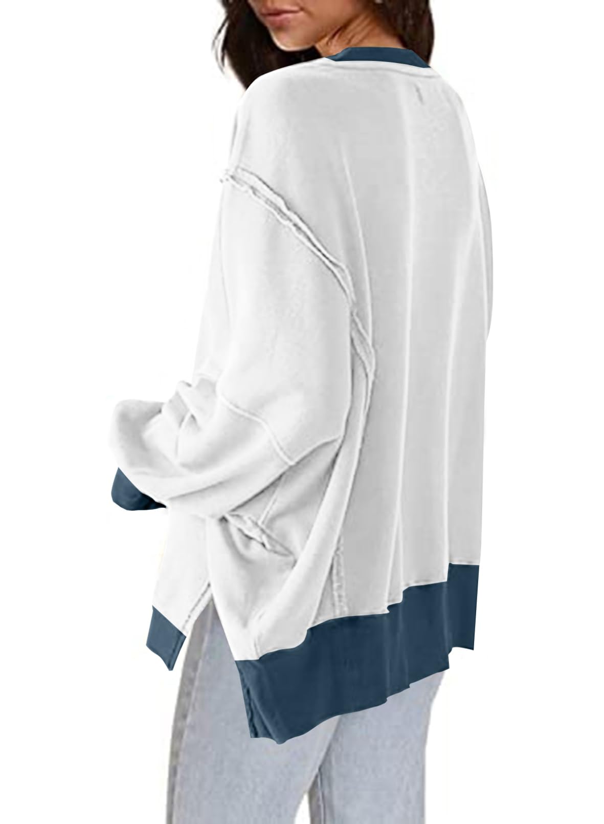 SHEWIN Womens Oversized Reverse Seam Sweatshirt Casual Long Sleeve Crewneck Lightweight Pullover Tops Loose Sweatshirts