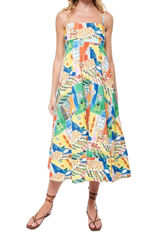 ROAONOCOMO Women Boho Graffiti Cami Long Dress Graphic Spaghetti Strap Flowy Swing Maxi Dress Colorful A Line Sundress