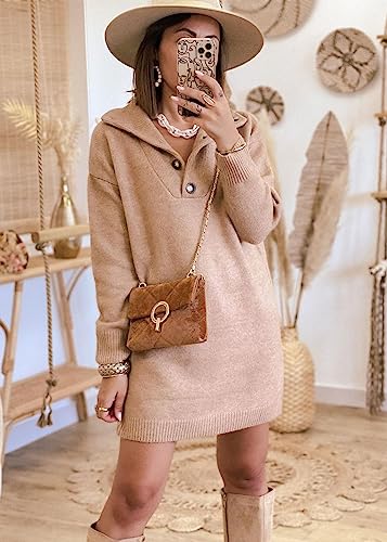 KIRUNDO Women's 2024 Fall Winter Long Sleeve Turtleneck Sweater Dress Button Down Solid Lapel Knit Mini Pullover Dresses